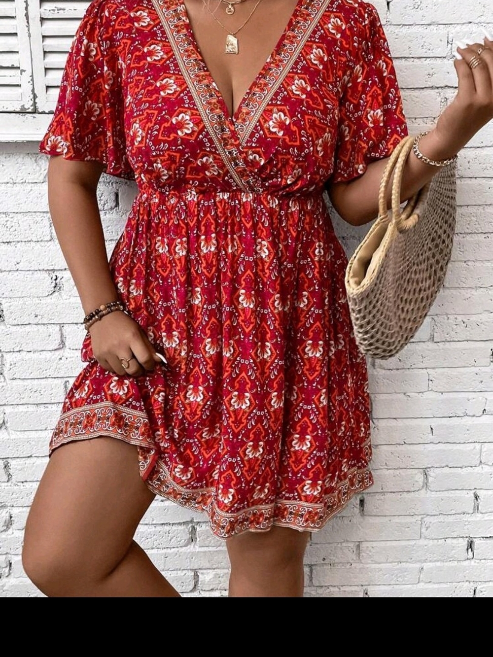 SHEIN Red Floral V-Neck Smocked Waist Mini Dress